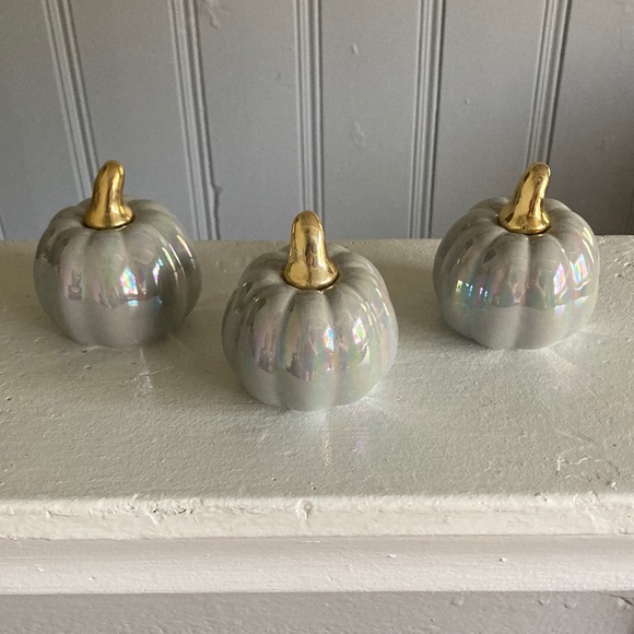 SOLD NWT Set of 2- Gray Iridescent Ceramic Pumpkins w/ Gold Stems Decorations - Picture 12 of 16